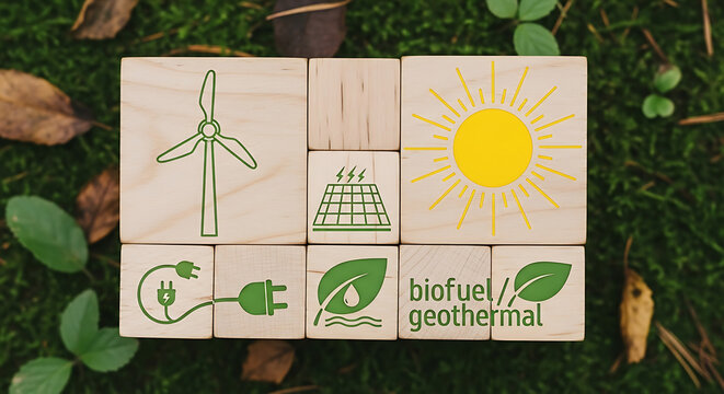 Renewable energy sources sustainable energy wind solar biofuel geothermal power green energy eco friendly blocks