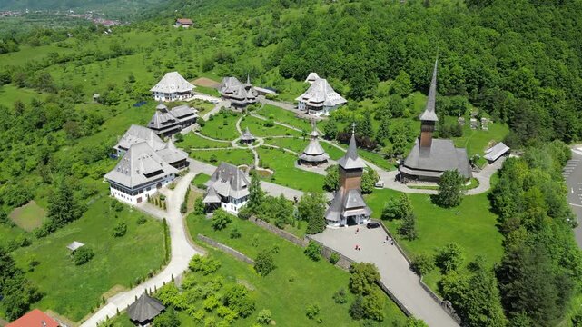 Aerial view of the Barsana Monastery, a traditional wooden religious complex in Maramures