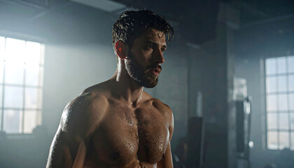 Sweaty muscular man with earphones in gym after intense workout feeling dopamine high