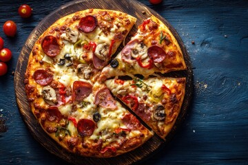 Delicious Pepperoni Pizza With Mushrooms, Peppers, and Olives on a Rustic Wooden Board