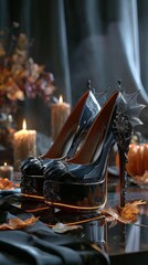 Sculptural black high heels with weird design on a dark surface, candles and autumn leaves, for Halloween witch costumes