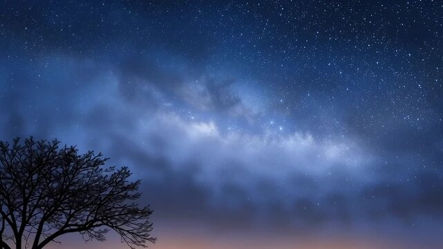 A single tree stands quietly under a vast starry night sky with soft moving clouds creating serene nighttime landscape and peaceful mood