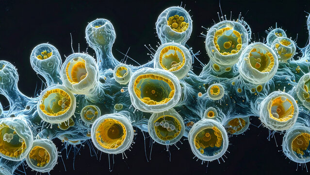 A micrograph showing the shell of a dense colony of Asgard archaea cells.