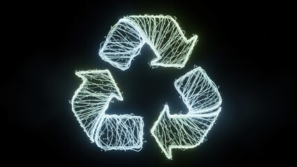 Illuminated Neon Recycling Symbol Made of Wire and Lights on Black Background