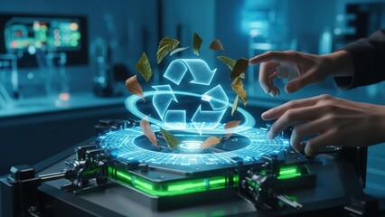 Futuristic Recycling Symbol Interacting with Leaves and Technology in a Lab Setting