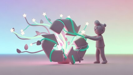 Stylized 3d Character Interacts with Glowing Recycling Symbol Surrounded by Growing Nature Elements