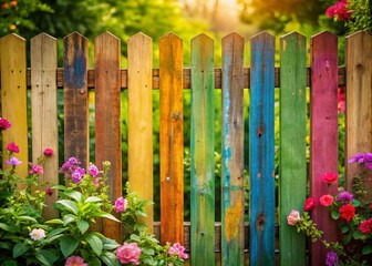 Fototapeta premium Colorful Wooden Fence in Charming Small Garden - Stock Photo