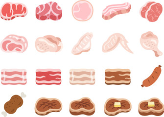 いろいろな種類の肉のアイコンのイラストセット
