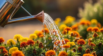 Watering Can Pouring on Marigold Flowers