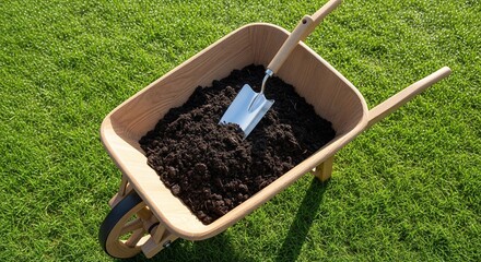 Wheelbarrow with Compost on a Green Lawn