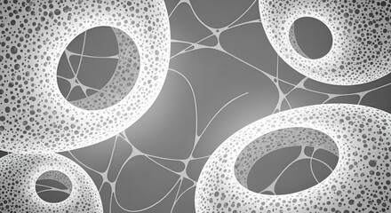 Abstract grayscale background with porous rings and connecting lines for modern designs and art projects