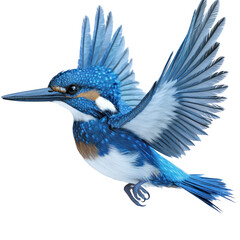 Belted Kingfisher Bird Flying full body view isolated on white or png transparent background 