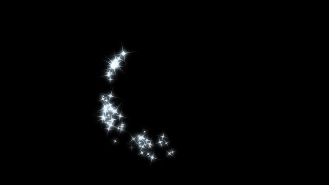 4k Magic glitter sparkle circling trail, glowing doodle stars, white twinkling stars, starlight dust line shimmering particles transition, shining twinkle transition on black screen background.