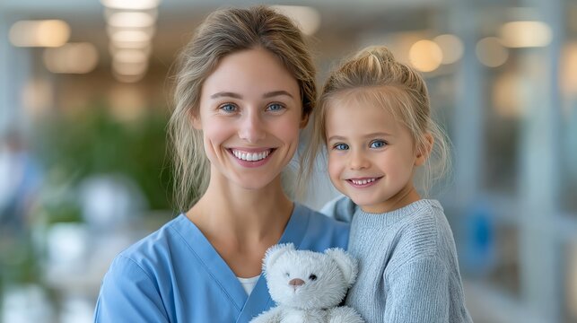 Smiling female nurse with child patient holding teddy bear in bright hospital setting - Powered by Adobe