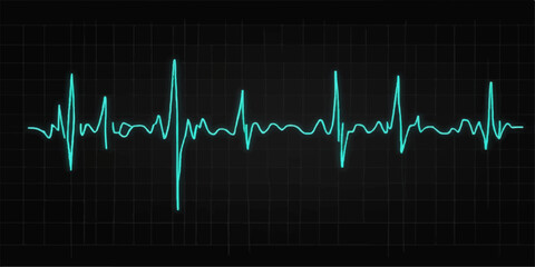 Blue medical monitor screen displays an EKG pulse heartbeat wave graph line for health and life in healthcare technology