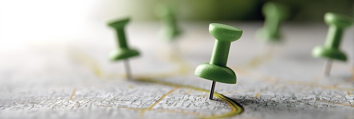 Green pushpins indicating multiple locations and a highlighted route on a detailed map, symbolizing travel planning, navigation, destination choices, and strategic mapping for business or leisure