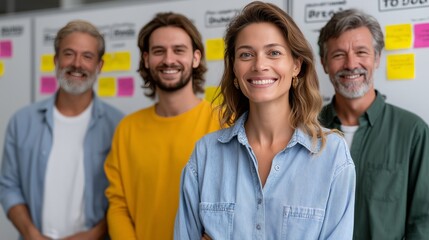 Diverse group of caucasian adults smiling at work with post-it notes in background