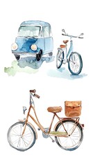 Watercolor vintage travel illustration with van and bicycles, retro travel watercolor clipart with camper van and bike, watercolor travel adventure illustration set for design projects