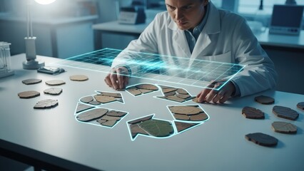 Scientist Arranges Natural Material Samples in a Recycling Symbol with Futuristic Holographic Interface
