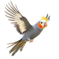Cockatiel Bird Flying full body view isolated on white or transparent background