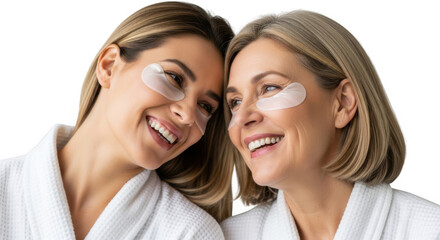Two happy women with eye patches smiling together, isolated on transparent background