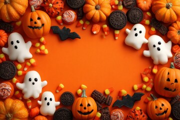 Autumn's festive embrace: halloween icons on a colorful canvas. Product showcase. A spooky yet whimsical halloween border with iconic imagery and colors. Professional look. Hero shot.