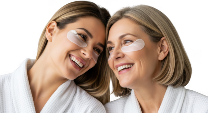 Two happy women with eye patches smiling together, isolated on transparent background