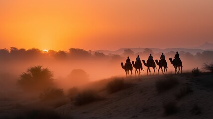 Silhouetted camel riders at sunset in desert landscape