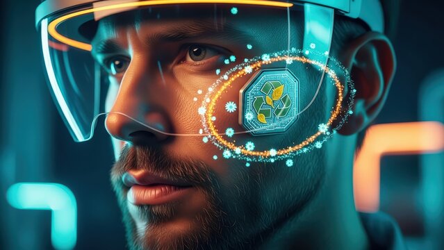 Man Wearing Futuristic Vr Headset Displays Recycling Symbol Augmented Reality Overlay