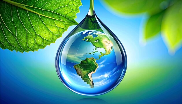 Macro view of a single perfect water droplet containing Earth, symbolizing global conservation and environmental protection, set against a vibrant green leaf and blurred blue background