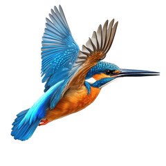 Kingfisher Bird Flying full body view isolated on white or transparent background 