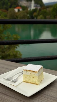 Vertical View, Delicious Kremsnita Cream Cake, Famous Slovenian Desserts