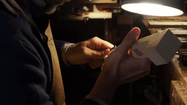 Close-up view of a luthier shaping the scroll of a violin by hand under warm light. The craftsman uses fine carving tools with patience and precision, revealing the artistry of violin making.