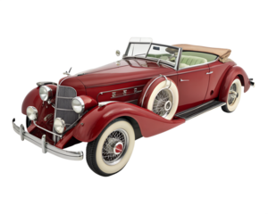 Elegant vintage red convertible luxury automobile with whitewall tires isolated on transparent background