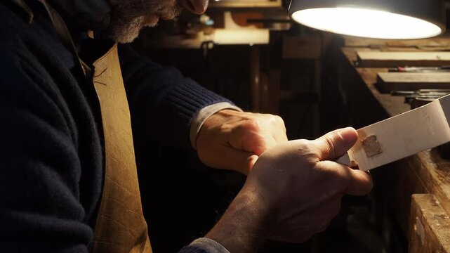 Close-up of a skilled luthier carving the scroll of a violin under warm light in a woodshop. The artisan works with focus and precision, shaping the fine details of the instrument volute by hand.