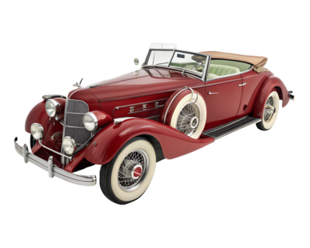 Elegant vintage red convertible luxury automobile with whitewall tires isolated on transparent background