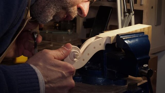 Artist using a chisel and mallet to carefully carve classic violin scroll in his workshop, the wood piece is securely clamped in a bench vise to keep it stable during process.