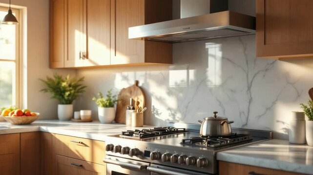 Modern kitchen with marble backsplash and stainless steel appliances in sunlit setting