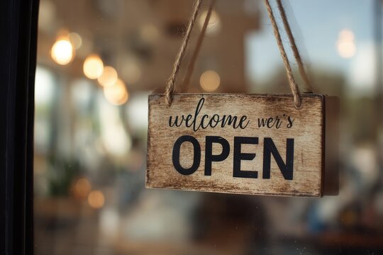 A welcome sign hanging from a shop window