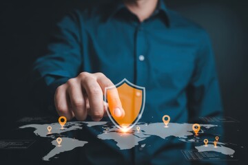 Global security shield protecting world map with location pins