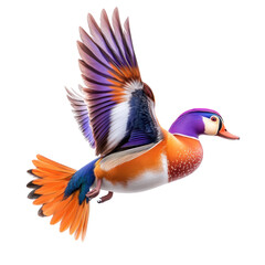 Mandarin Duck Bird Flying full body view isolated on white or transparent background 