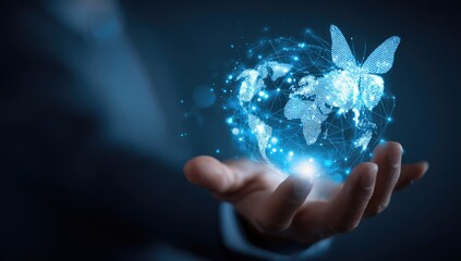 A hand holds a holographic globe with a butterfly
