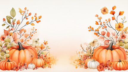 Warm watercolor autumn floral border with orange pumpkin and fall leaf. Gentle harvest celebration background with copy space for invitation