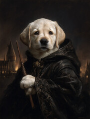 ChatGPT сказал:

A young Labrador puppy dressed in a dark wizard’s cloak, holding a wand with a serious expression. The glowing castle backdrop adds a magical, powerful aura to the scene. Concept of m