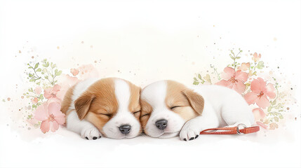 Two cute adorable puppy dog friends sleeping together peacefully. These little animal companions rest with pink flower decoration on white