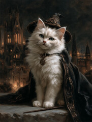 A majestic white cat, adorned with a wizard's hat and cloak, sits confidently with a wand by its side. The dark, mystical backdrop of a glowing castle adds to the cat’s enchanting aura. Concept of mag