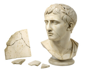 Ancient roman marble bust of emperor augustus wearing a laurel wreath and fragmented pieces isolated on transparent background