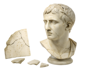 Ancient roman marble bust of emperor augustus wearing a laurel wreath and fragmented pieces isolated on transparent background