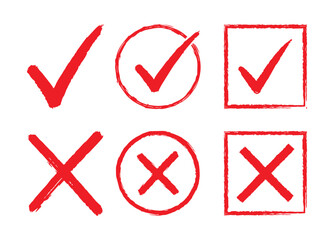 Red check mark and cross symbols in hand-drawn brush style. Includes tick, cross, circle, and square icons for approval, rejection, or checklist design. Perfect for UI, forms, survey