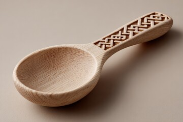 Intricately carved wooden spoon with geometric handle design